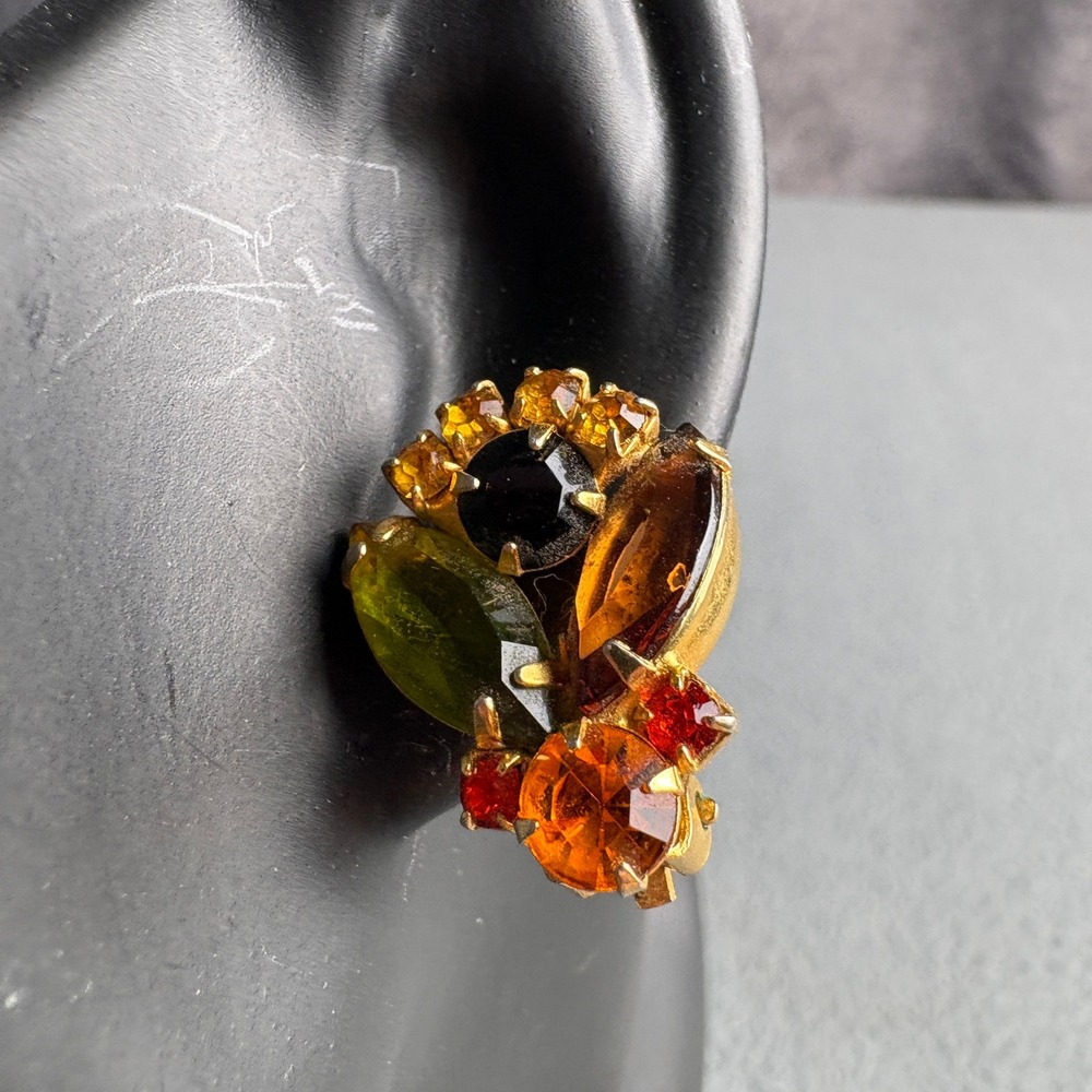 Vintage Gold Tone Autumn Rhinestone Cluster Clip On Earrings Amber Green Orange